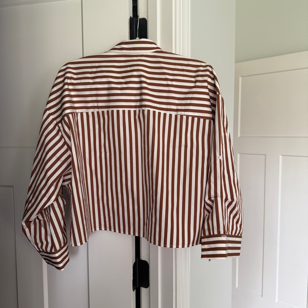 TWP NEXT EX SHIRT IN IVORY/COGNAC brown button down crop cotton - Picture 8 of 8